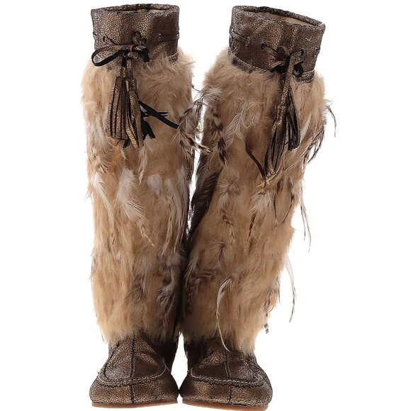 Feather & Faux Fur Boots / Slippers, Native American Style Maiden Princess - Picture 1 of 10
